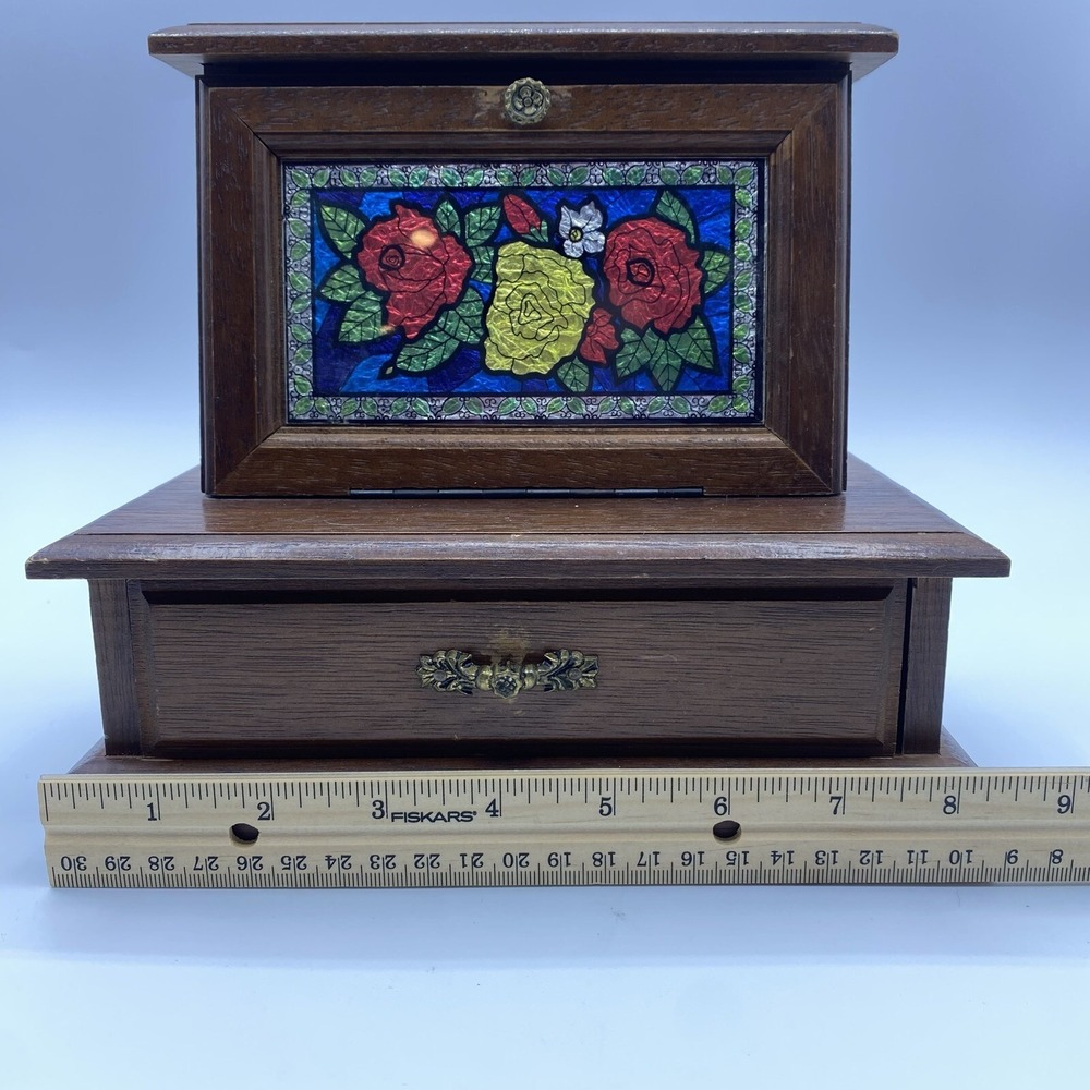 Vintage Wooden Jewelry Music Box, Made In Japan, Floral Roses Stained Glass Look - Picture 11 of 12